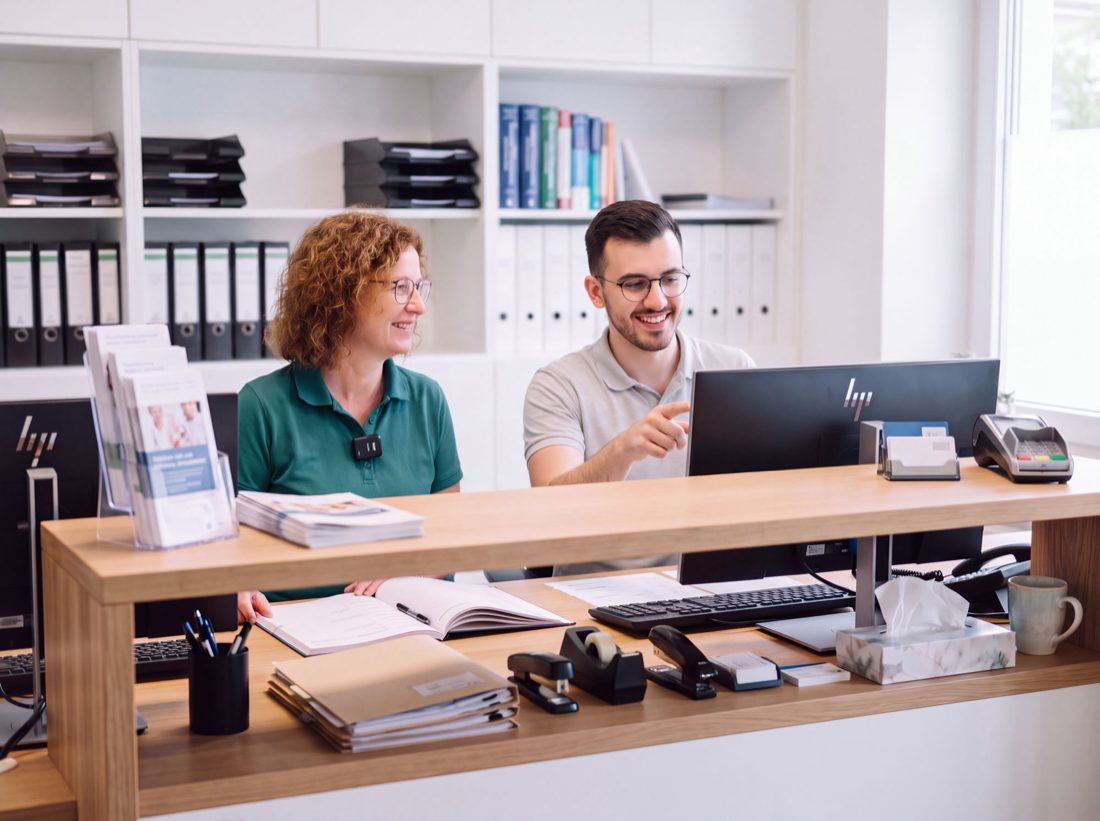 Mediqus wird gemeinsam mit einer Ärztin und ihrer MFA am Empfang der Praxis eingerichtet.